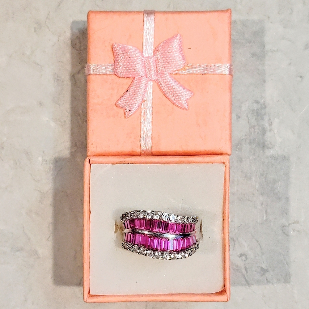 STERLING SILVER RUBY & DIAMOND RING BAGUETTE CUT RUBY & ROUND CUT DIAMONDS 8½ - Picture 2 of 16